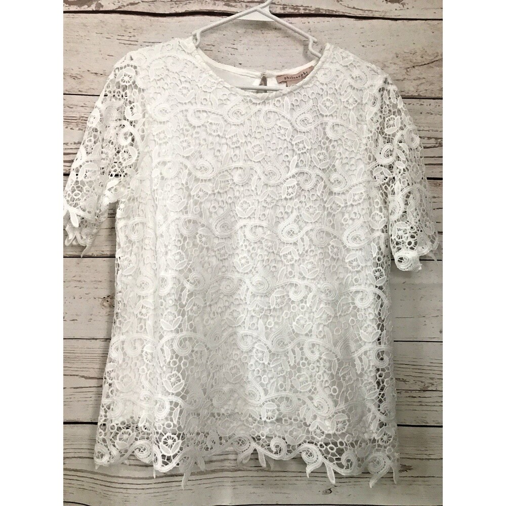 Philosophy Blouse Women's S White Battenberg Lace Short Sleeve Fancy Top $78 NWT